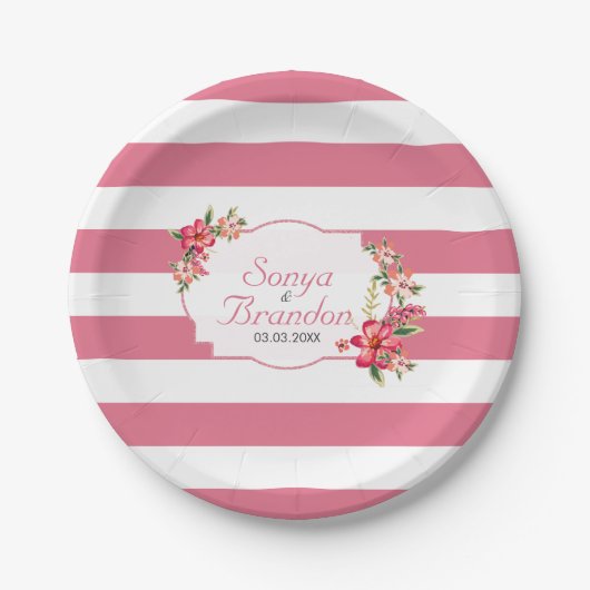 Roze witte strepen en bloemen papieren bordje (Voorkant)