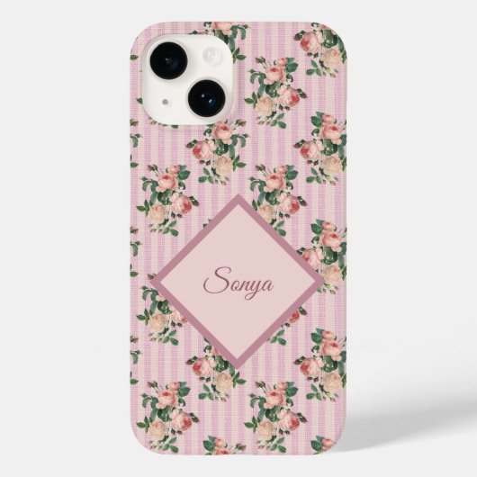 Roze Witte Strepen en Slingerende Rozen Monogram Case-Mate iPhone Case (Achterkant)