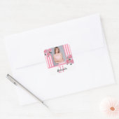 Roze witte strepen florals foto verjaardag vierkante sticker (Envelop)