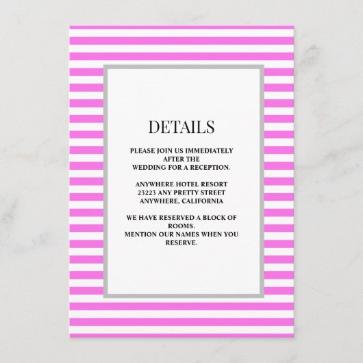Roze/witte strepen ingelijste bruiloft details informatiekaartje (Voorkant)