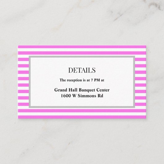 Roze/witte strepen ingelijste bruiloft details informatiekaartje (Voorkant)