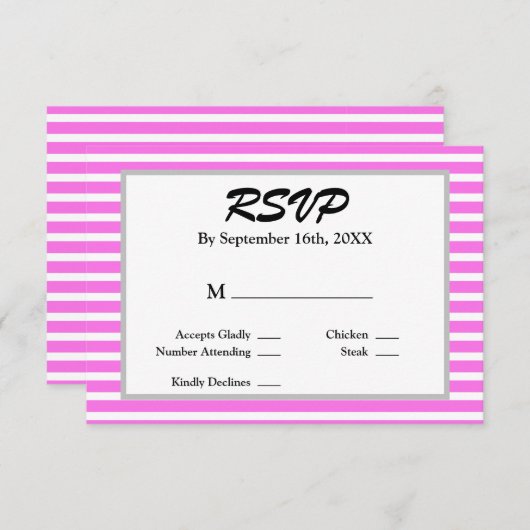 Roze/witte strepen omwoeld RSVP kaartje (Voorkant / Achterkant)