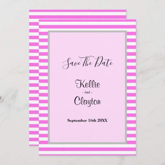 Roze/witte strepen omwoeld save the date (Voorkant / Achterkant)