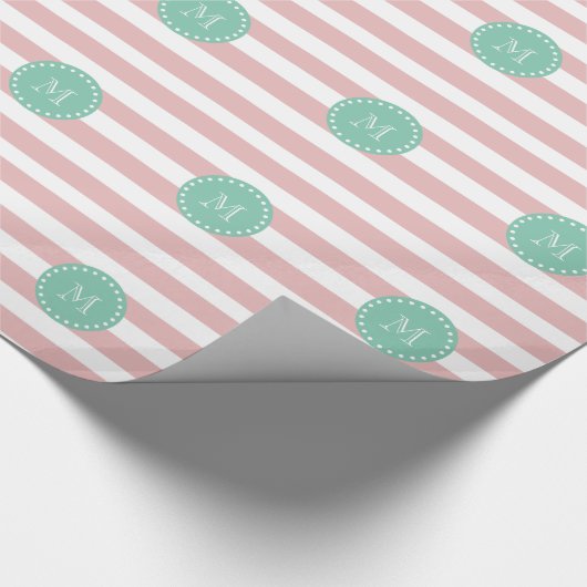 Roze witte strepen Patroon, Mint Groen Monogram Cadeaupapier (Hoek)