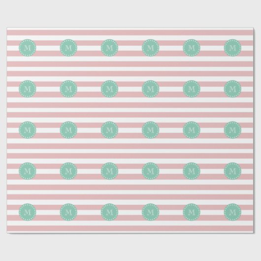 Roze witte strepen Patroon, Mint Groen Monogram Cadeaupapier (Vlak)