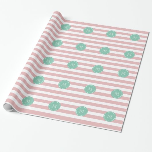 Roze witte strepen Patroon, Mint Groen Monogram Cadeaupapier (Uitgerold)