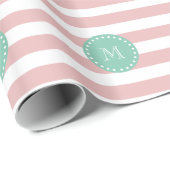 Roze witte strepen Patroon, Mint Groen Monogram Cadeaupapier (Rol Hoek)