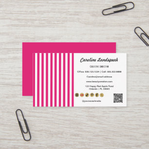 Roze Witte Strepen, QR-code & Social Media-pictogr Visitekaartje