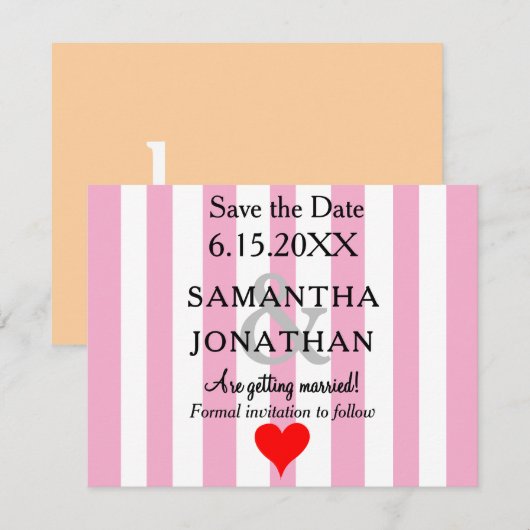 Roze Witte Strepen Rode Hart Trouwen Save the Date (Voorkant / Achterkant)