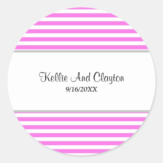 Roze/Witte Strepen Trouwfeest Klassieke Ronde Stic Sticker (Voorkant)