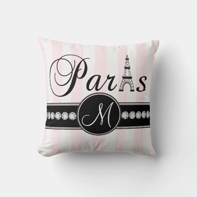 Roze witte strepen zwarte Parisian Monogram Pillow Kussen (Voorkant)