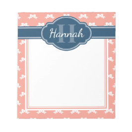 Roze Witte Strik Patroon Navy Monogram Notitieblok