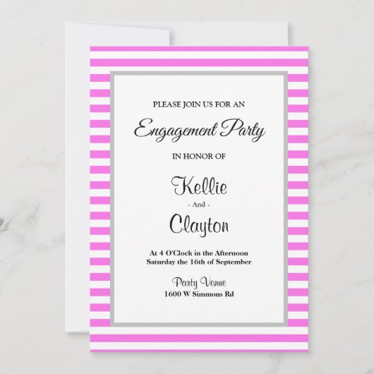 Roze/Witte Stripes Framed Engagement Party Kaart (Voorkant)
