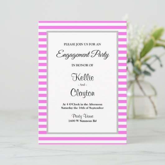 Roze/Witte Stripes Framed Engagement Party Kaart (Staand voorkant)