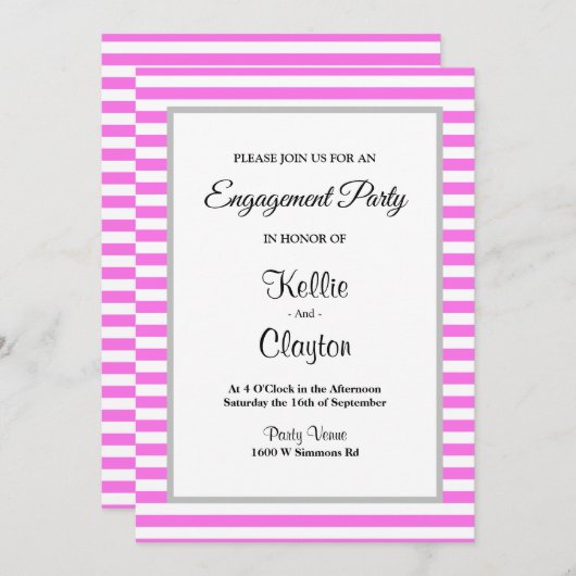 Roze/Witte Stripes Framed Engagement Party Kaart (Voorkant / Achterkant)
