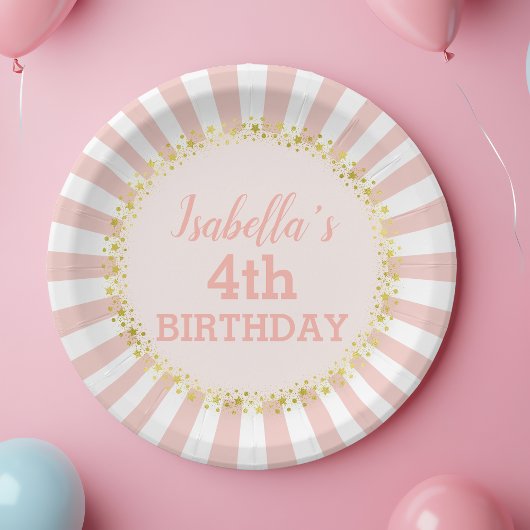 Roze witte strips Glitter Confetti Birthday Papieren Bordje