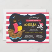 Roze witte strips Pirate Ship Birthday Invitation Kaart (Voorkant)
