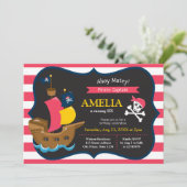 Roze witte strips Pirate Ship Birthday Invitation Kaart (Staand voorkant)