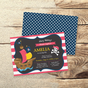 Roze witte strips Pirate Ship Birthday Invitation Kaart