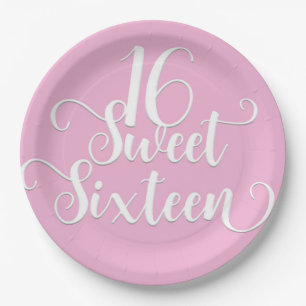 Roze & Witte Sweet 16 Verjaardagsfeestje Papieren Bordje