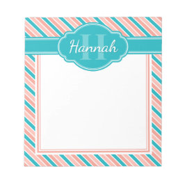 Roze Witte Teal Vet Streeppatroon met Monogram Notitieblok