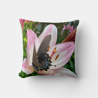 Roze Witte Tijger Lilly Bloem Blauwe Vlinder Naam Kussen