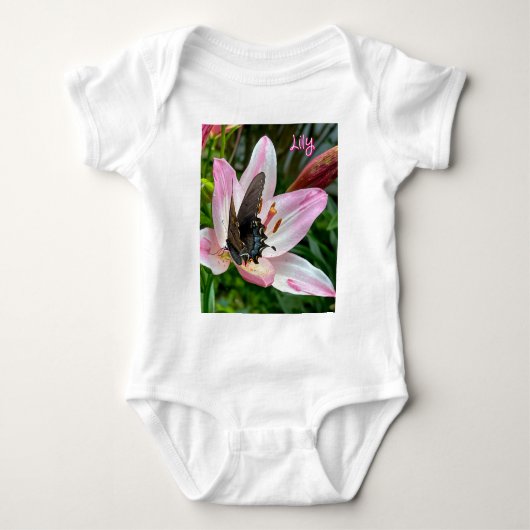 Roze Witte Tijger Lilly Bloem Blauwe Vlinder Naam Romper (Voorkant)