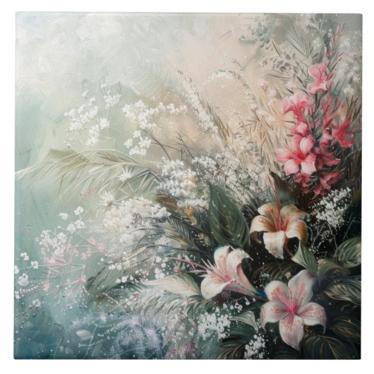 Roze witte tropische bloem tegeltje (Voorkant)