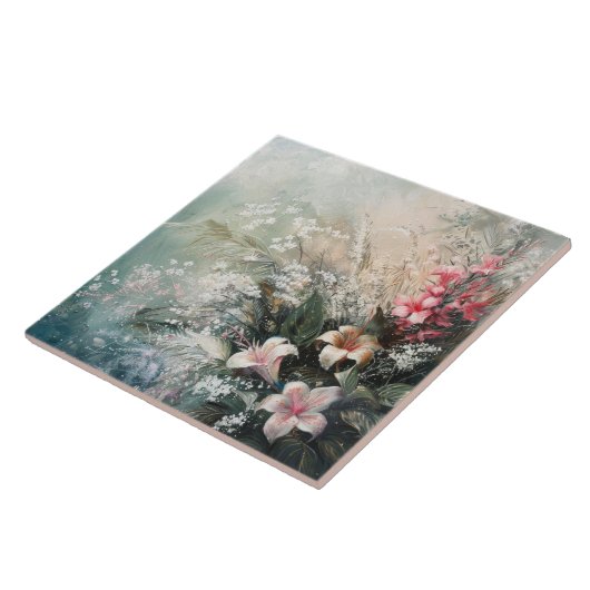 Roze witte tropische bloem tegeltje (Zijkant)