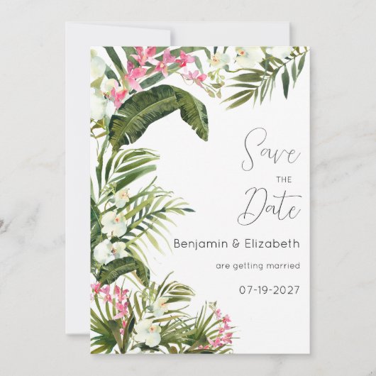 Roze witte tropische orchidee bloemen Save the Dat Kaart (Voorkant)