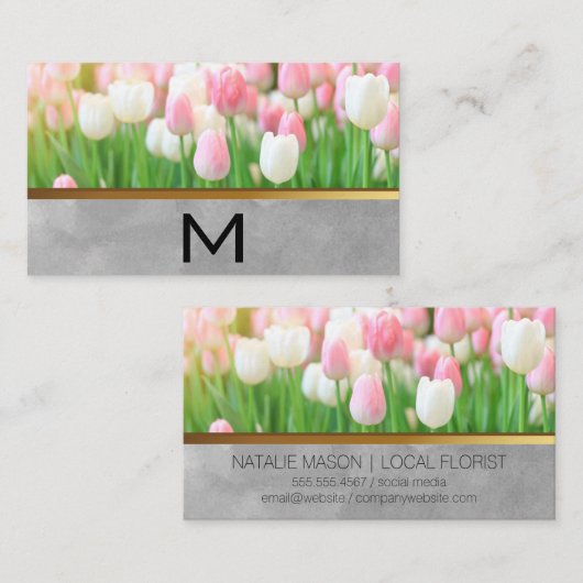 Roze witte tulpen | Monogram Visitekaartje (Voorkant / Achterkant)