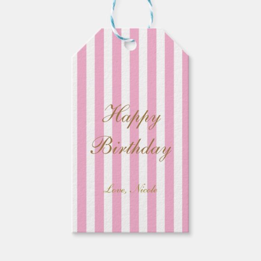 Roze & Witte Verticale Strepen Cadeaubijslage Cadeaulabel (Voorkant)