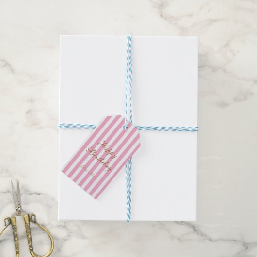 Roze & Witte Verticale Strepen Gift Label Cadeaulabel (Met Touw)