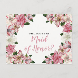Roze   Witte Vintage Floral Maid of Honor Request Uitnodiging Briefkaart