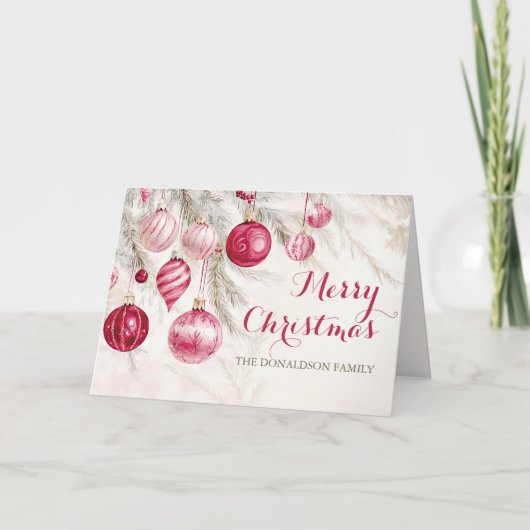 Roze Witte Vintage Ornamenten Kerstmis Feestdagen Kaart (Voorkant)