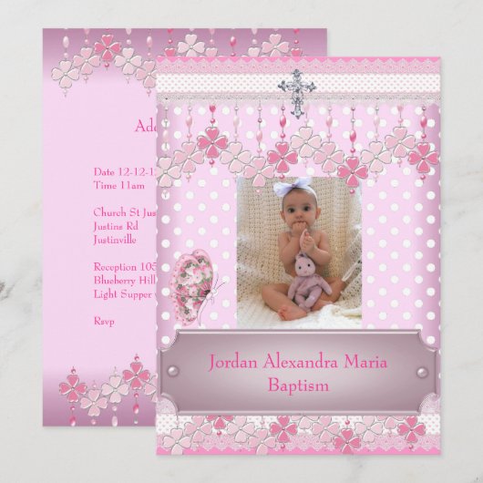 Roze witte vlek Foto Lijst Cross Baptisme 2 Kaart (Voorkant / Achterkant)