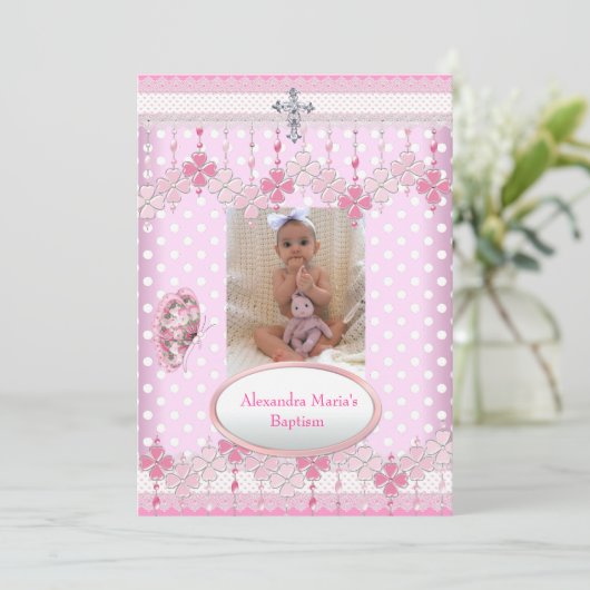Roze witte vlek Foto Lijst Cross Baptisme 3 Kaart