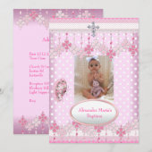 Roze witte vlek Foto Lijst Cross Baptisme 3 Kaart (Voorkant / Achterkant)