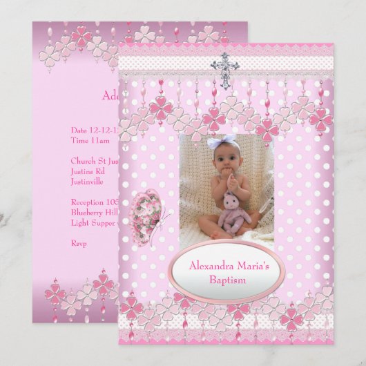 Roze witte vlek Foto Lijst Cross Baptisme 3 Kaart (Voorkant / Achterkant)