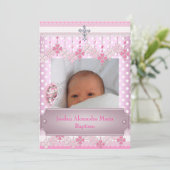 Roze witte vlek Foto Lijst Cross Baptisme Kaart (Staand voorkant)