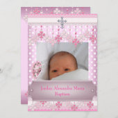 Roze witte vlek Foto Lijst Cross Baptisme Kaart (Voorkant / Achterkant)