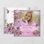 -roze witte vlinderbloemen Birthday Party Kaart (Voorkant / Achterkant)