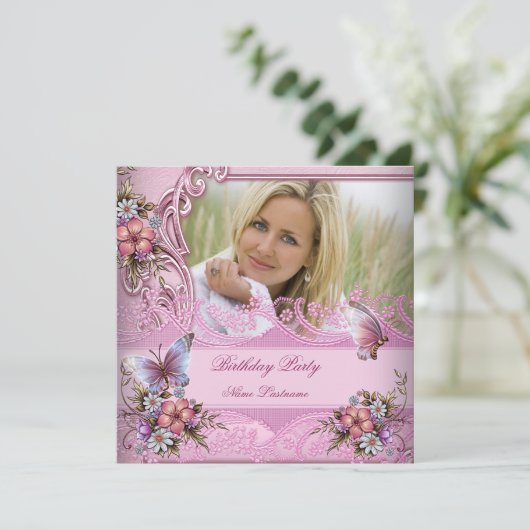 -roze witte vlinderbloemen Birthday Party Kaart (Staand voorkant)