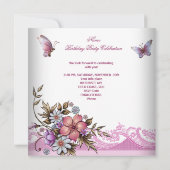 -roze witte vlinderbloemen Birthday Party Kaart (Achterkant)