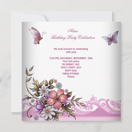 -roze witte vlinderbloemen Birthday Party Kaart (Achterkant)