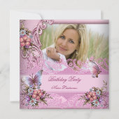 -roze witte vlinderbloemen Birthday Party Kaart (Voorkant)