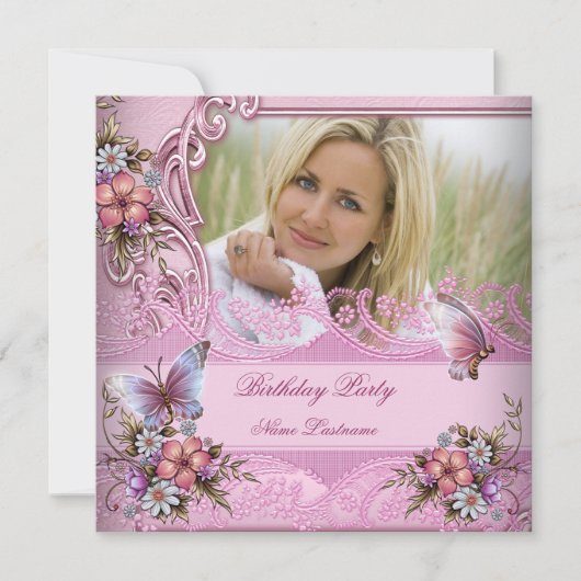 -roze witte vlinderbloemen Birthday Party Kaart (Voorkant)