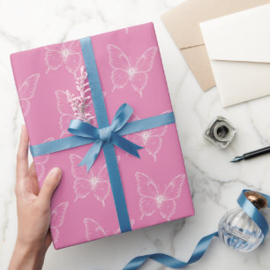 Roze Witte Vlinders Verjaardag Cadeaupapier