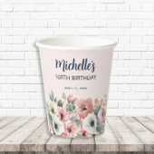 Roze Witte Waterverf Bloemen 100ste Verjaardag Papieren Bekers