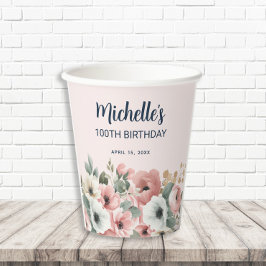 Roze Witte Waterverf Bloemen 100ste Verjaardag Papieren Bekers